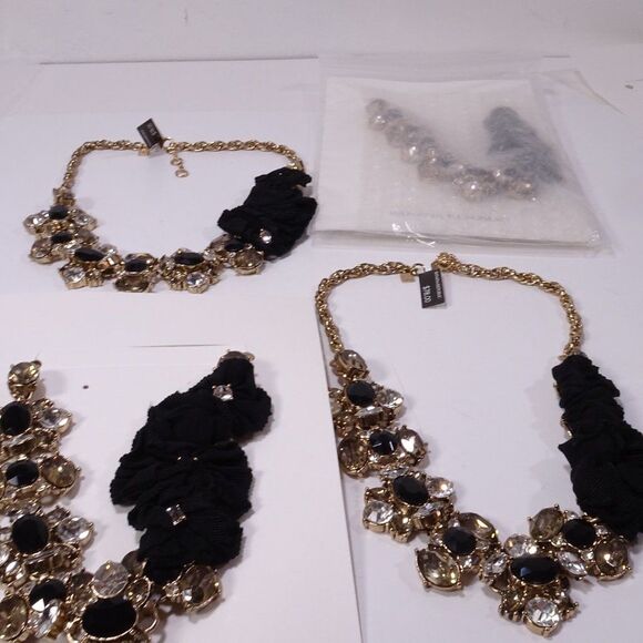 Banana Republic Black Grosgrain Ribbon Onyx Gem Stone Statement Crystal Necklace - Picture 10 of 15